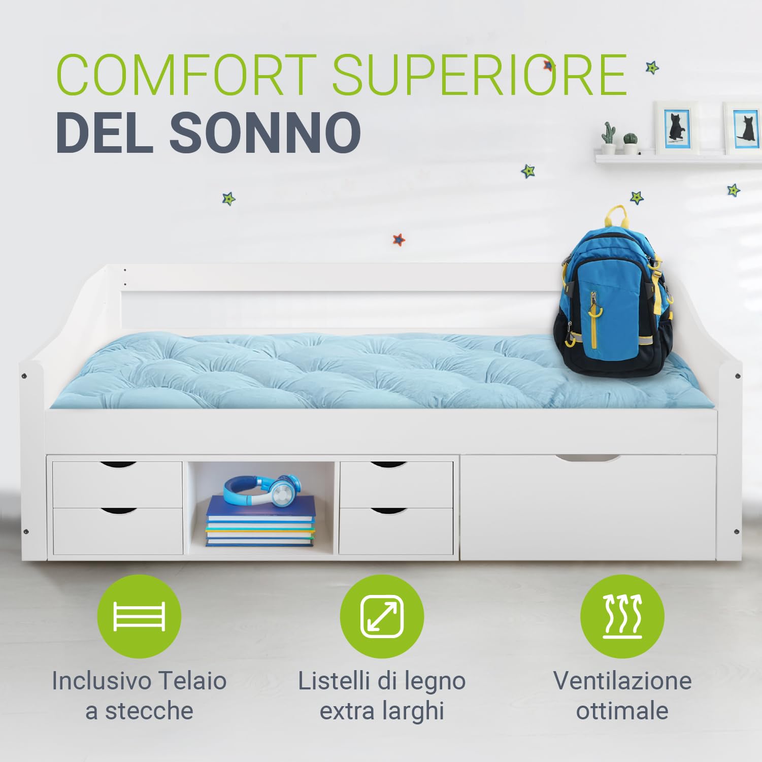 Juskys Letto per bambini 90x200 con cassetti e rete a doghe – letto in legno massiccio di pino con contenitore – letto singolo per bambina e bambino – bianco
