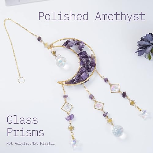 Miniatura 8 de Atrapasoles de cristales de amatista, atrapasoles de luna colgante con prismas de vidrio para ventanas, decoración de cristal de amatista curativa