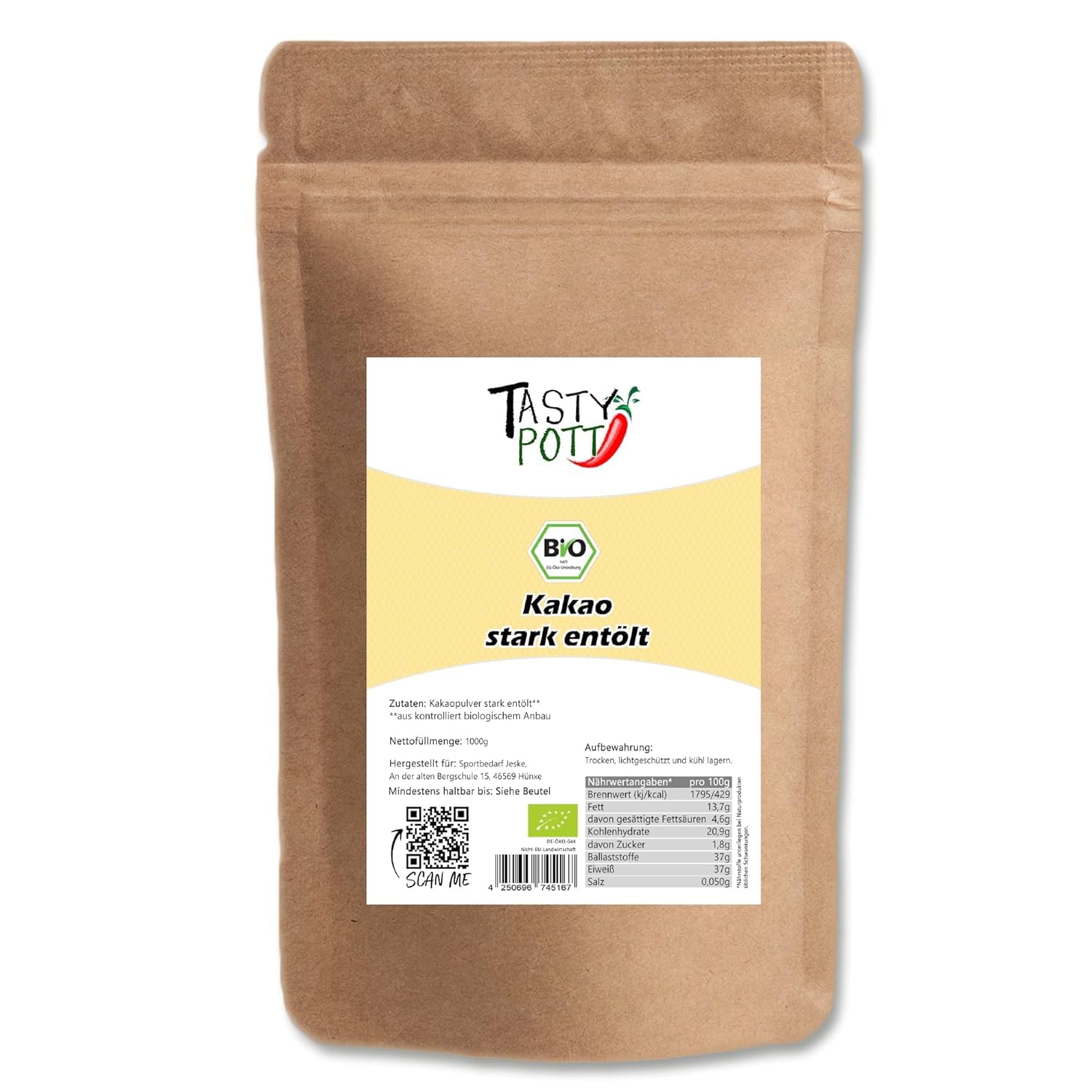 Tasty Pott Bio Kakao, STARK entölt I Kakaopulver I Cacao I Zum Backen I Für Müsli und Porridge I Desserts Kochen I Vegane Ernärhung I Im Beutel 1000g (3x1000g)