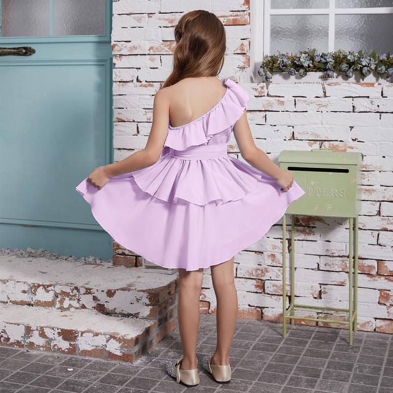 CHILDRENSTAR Girls One Shoulder Dress Chiffon Smocked Ruffles Sleeveless Flowy Party Dresses for Kids 4-13Y2