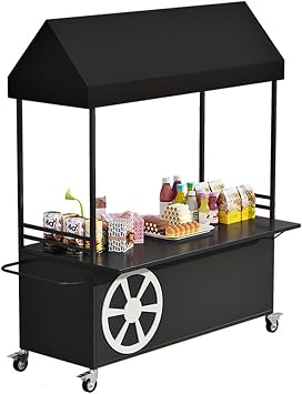Portable Street Food Cart with Canopy,Mobile Display Stand Lockable Wheels,Portable Market Stall Stand,Portable Vendor for Trade Shows,Demos,and FairsSize180cm,ColorBlack