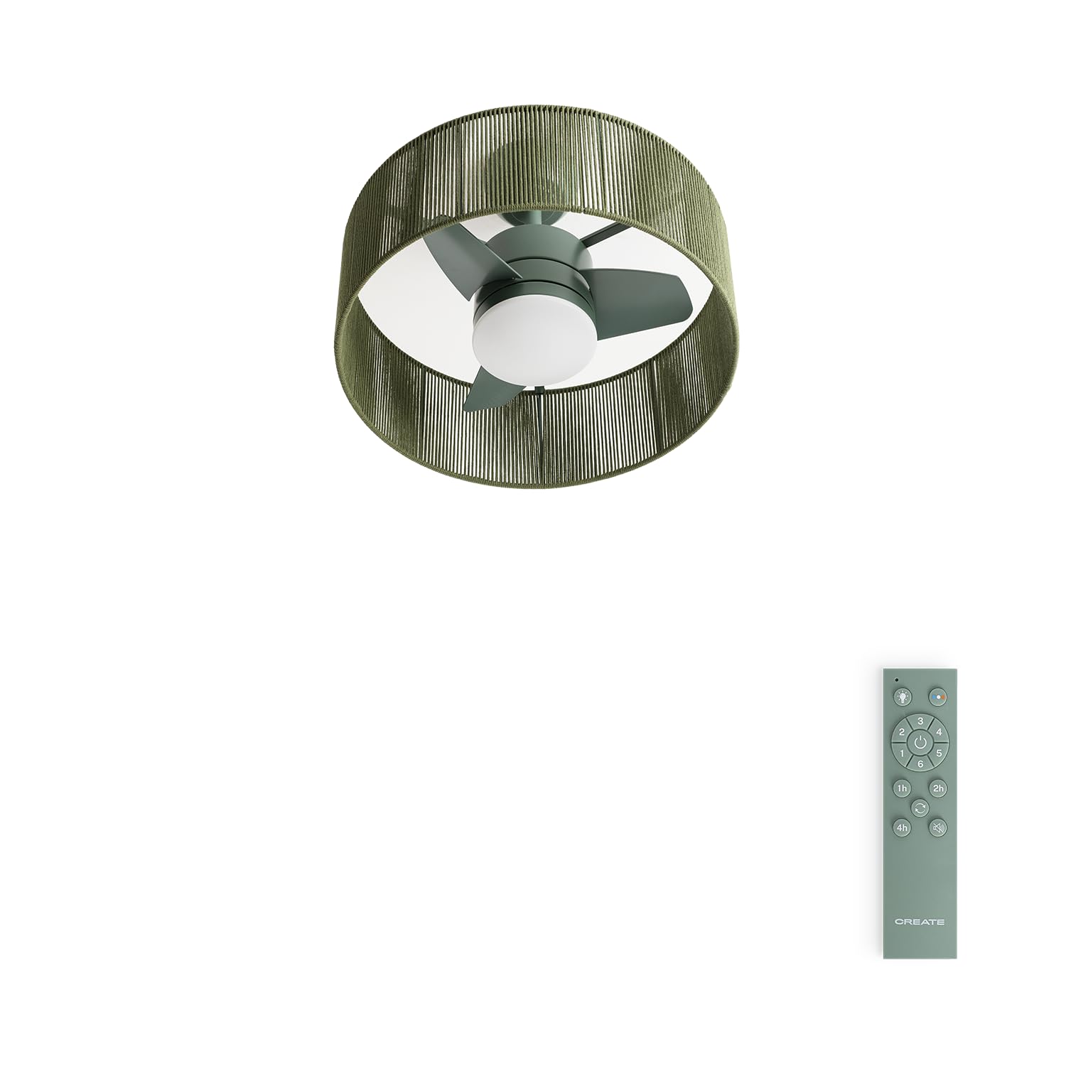 CREATE / WIND LAMP WOVEN/Ventilatore da soffitto luce e telecomando verde salvia / 25W, timer, Ø56,5 cm, funzione estate-inverno, LED 3 temperature, corpo in corda, flusso d'aria concentrato