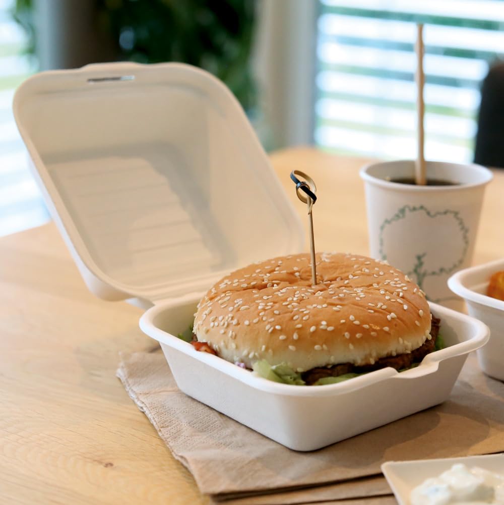 FRANZ MENSCH NATUREStar Bio Hamburgerboxen mit Klappdeckel, 150 x 150 x 85 mm | aus Zuckerrohr, 500 Stück, Einweggeschirr, Menübox Take Away, Klappboxen