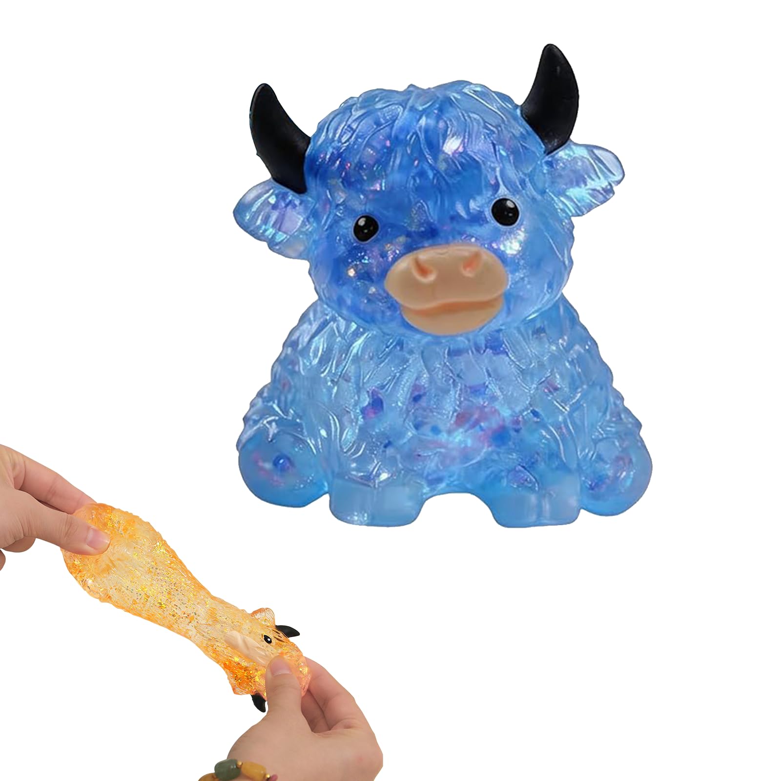 Fenydull Glitter Highland Cow Squishy Fidget Toy, Mini Highland Cow Figurine, Soft Silicone Sensory Stress Relief Toy for Adults, Cute Farm Animal Decor for Desk Office (Blue)
