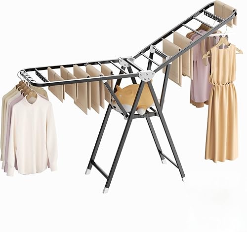 MIKEE Estante de secado de ropa, de acero inoxidable, plegable, para uso en interiores y exteriores, con alas de altura ajustable, 2 niveles con