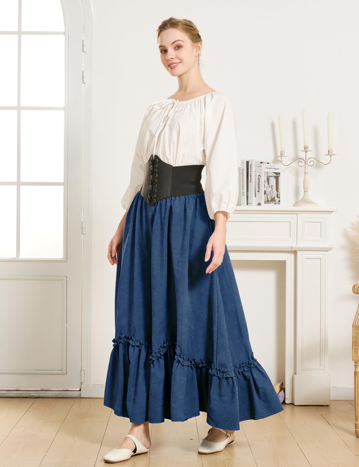 BEAUTELICATE Mittelalter Rock Damen Lang Vintage Maxirock A-Linie mit Taschen Viktorianische Rüsche Weitrock für Wikinger Cosplay LARP Faschings Kostüme