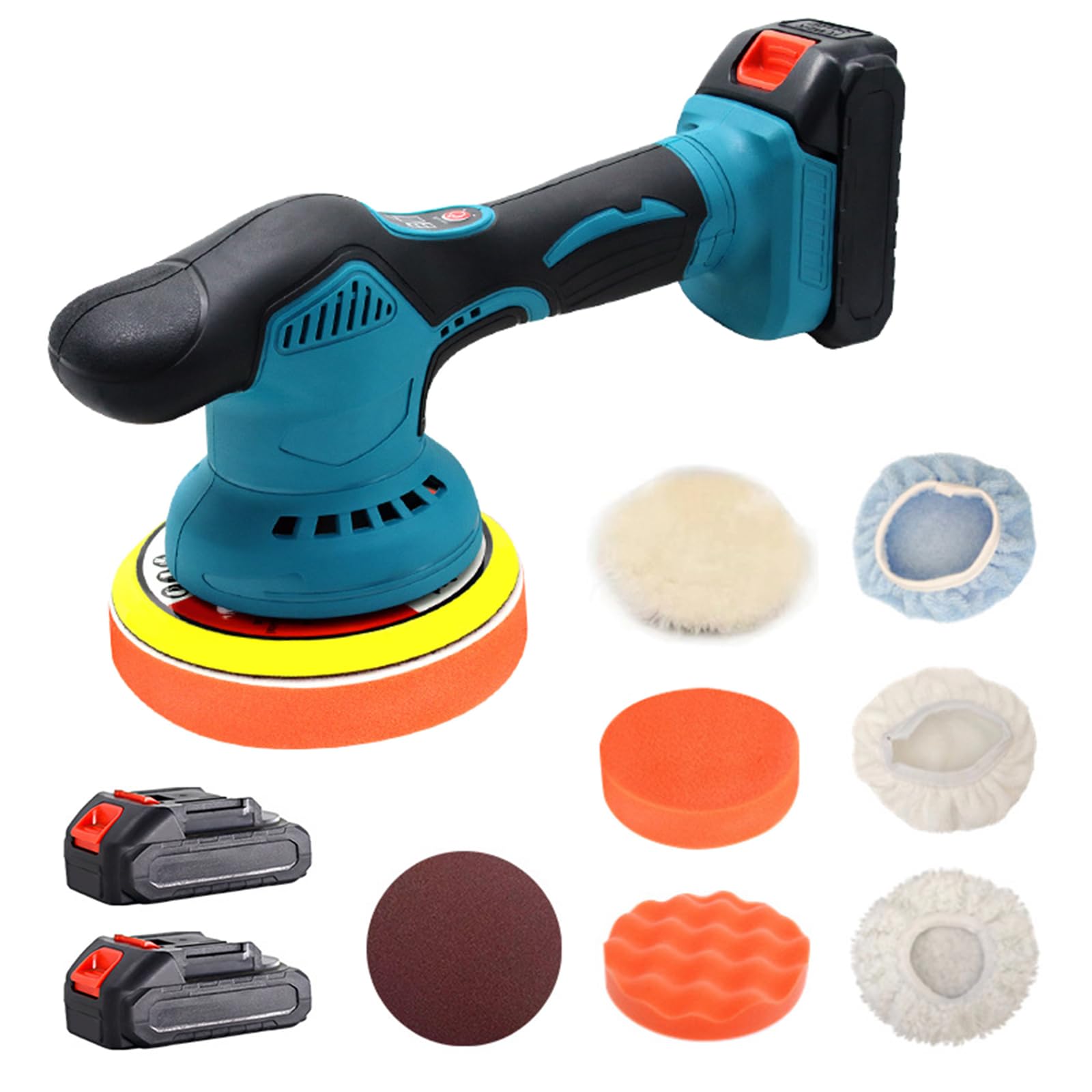 FABOKA Poliermaschine Auto Akku, 12V Exzenter Poliermaschine Mit 25PCS Aufsätze Und 2PCS 2.0Ah Batterie, Akku Wachsmaschine 6 Variable Geschwindigkeit 5500RPM