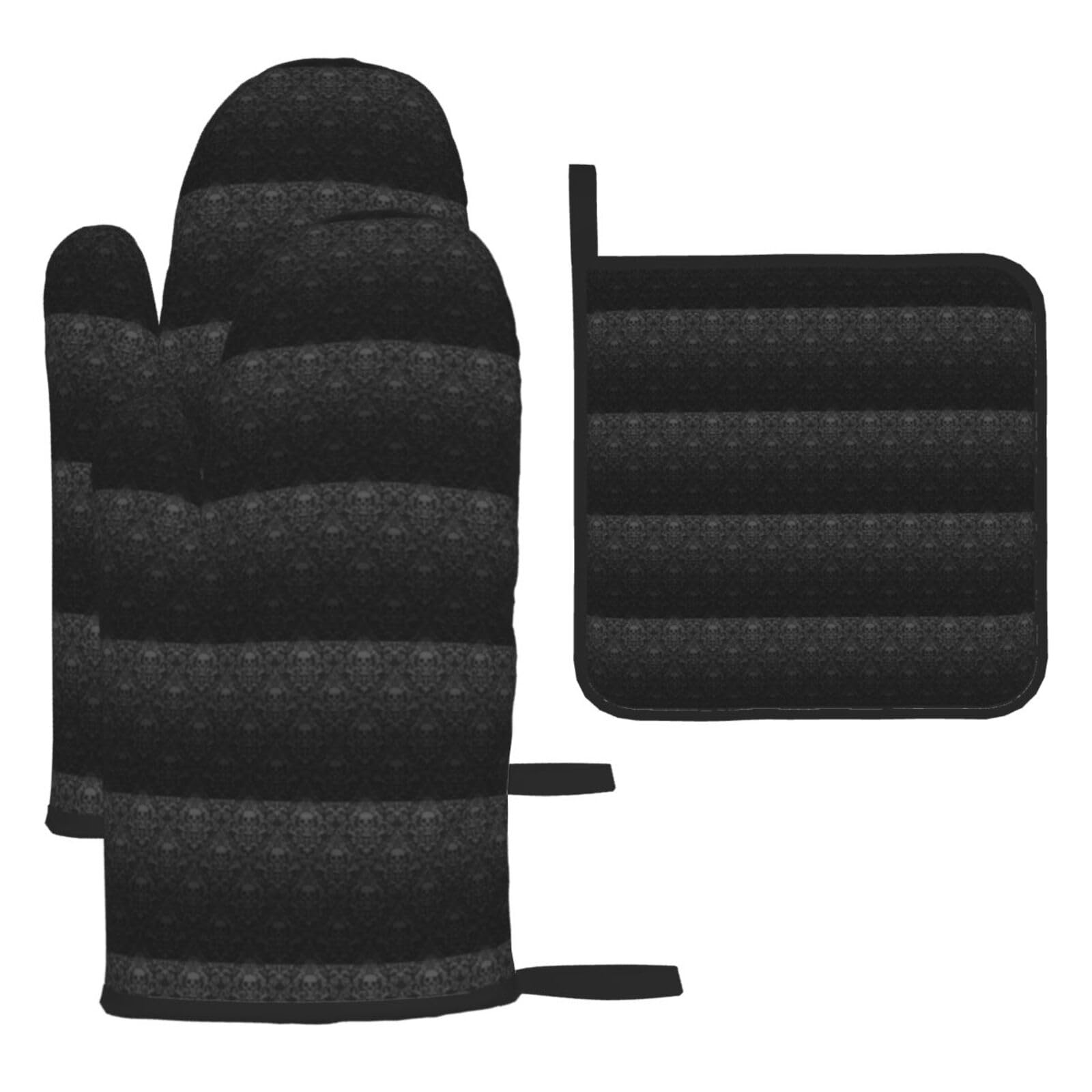 Gothic Wallpaper Skull Print Oven Mitts Kitchen Gloves Set Everyday Baking Grilling Microwaving Cooking Gift