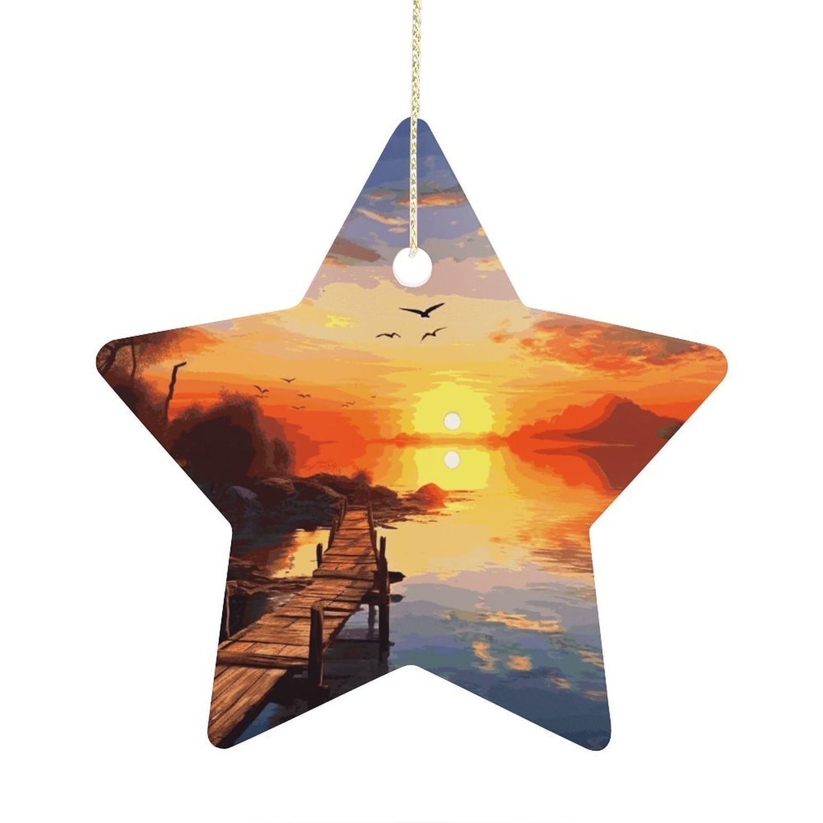 Sunset Scenery Stars Ornaments Ceramic Christmas Tree Hanging Light in Weight Christmas Star Pendants Funny Double-Sided Printed Xmas Ornaments for Gifts