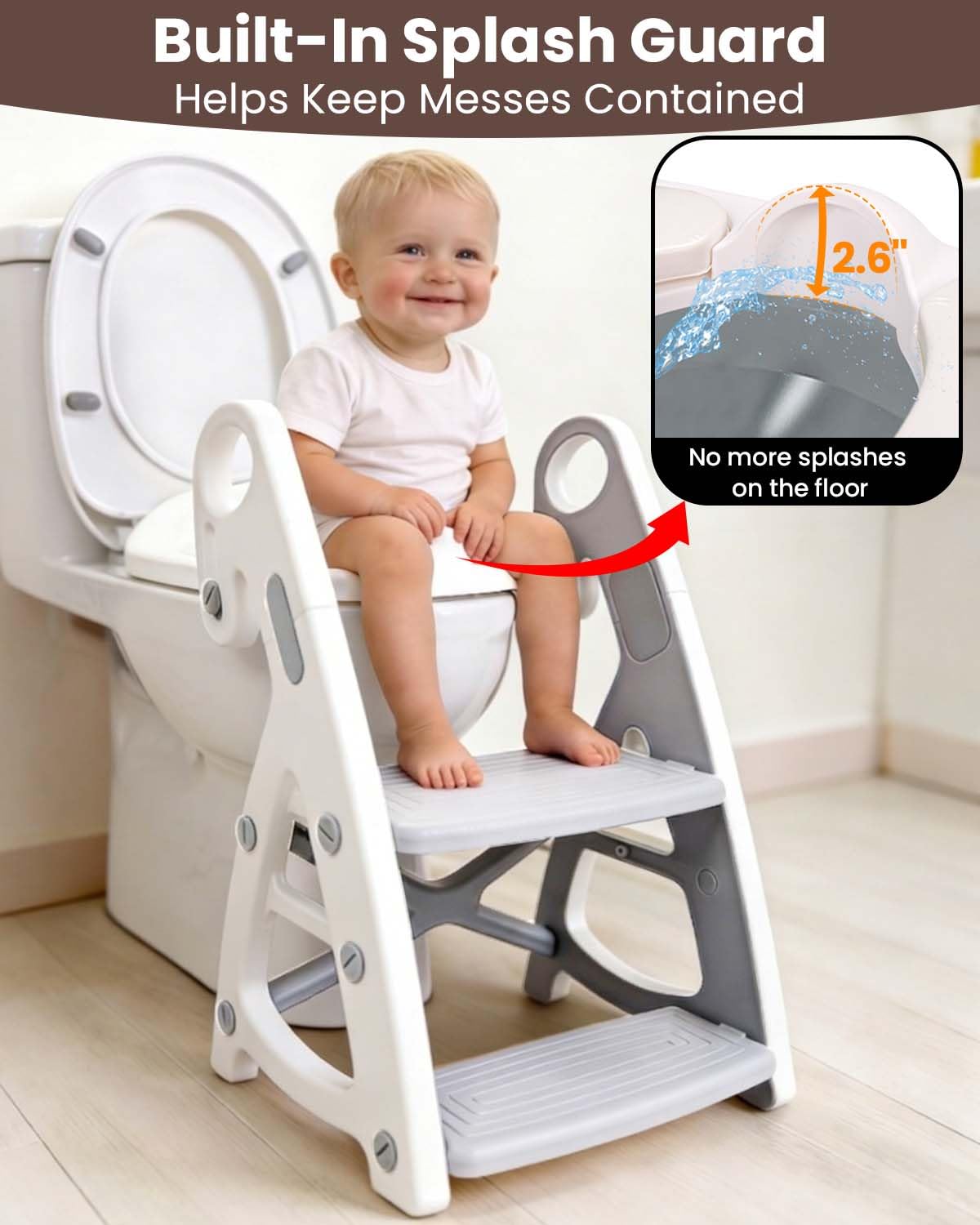 Primlect Vasino WC 2 in 1 stabile vasino con sgabello | Sedile e gradino regolabile in altezza, extra largo, tappetino antiscivolo, paraspruzzi, per bambini e bambine, colore grigio