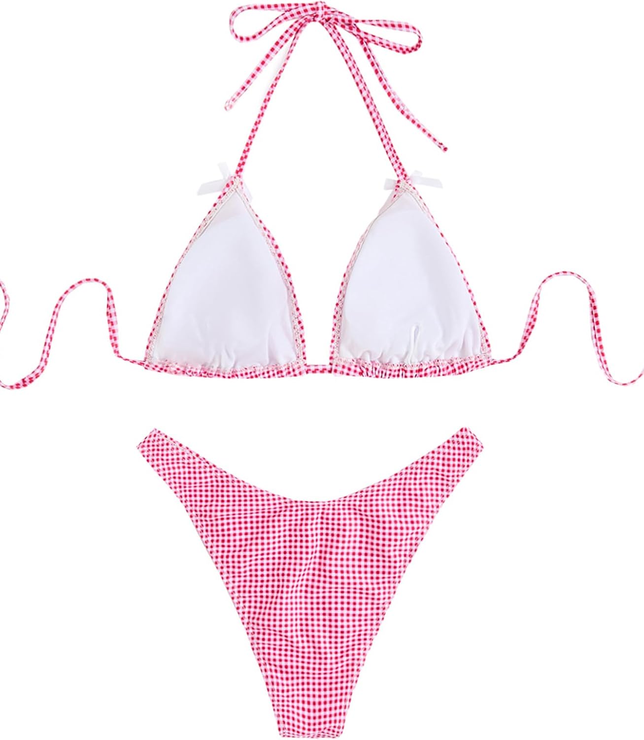 GORGLITTER Women's Gingham Bikini Set Cute Bow High Cut Thong Halter Triangle Cheeky Vacation Swimsuit Bathing Suit - Image 2