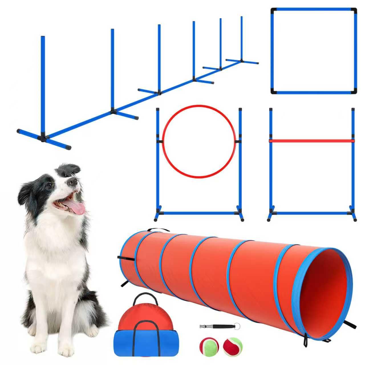 Dog Agility Equipment, Dog Agility Course Backyard Set Obstacle Course Backyard Includes Adjustable High Hurdle,6 Weave Poles,Extended Tunnel,Jump