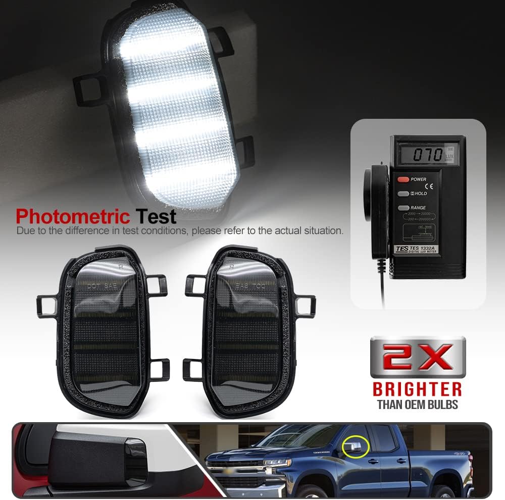 2Pcs LED Mirror Front Working Lights Puddle Lights for Chevy Silverado 1500 GMC Sierra 1500 Powered by High Power SMD Xenon White LED Smoekd Lens