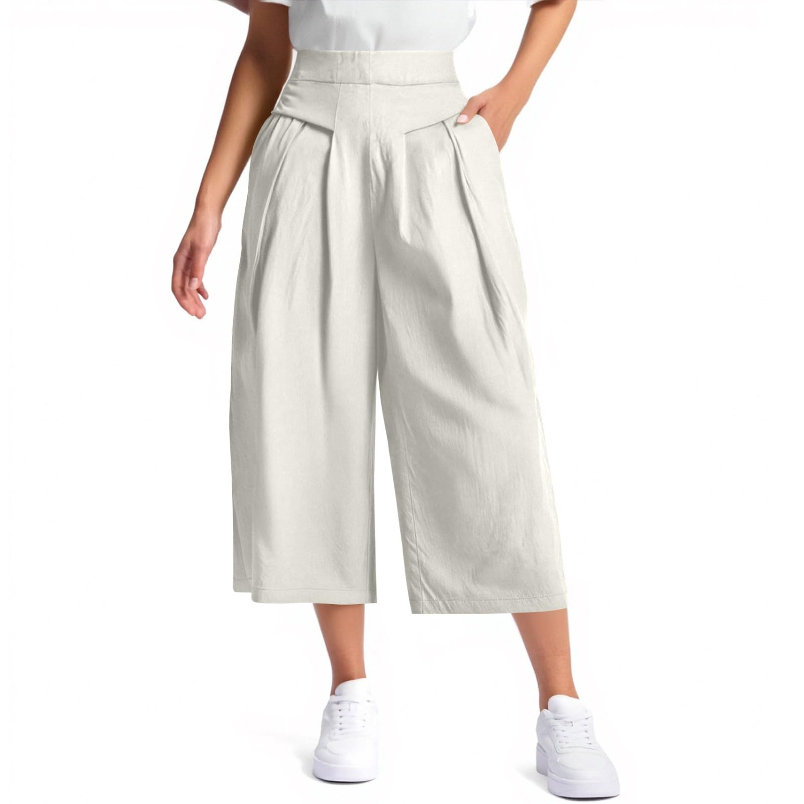 Linen Pants for Women Culottes Capris Wide Leg Palazzo Elastic Summer Baggy Boho Cropped Trouser with Pocket