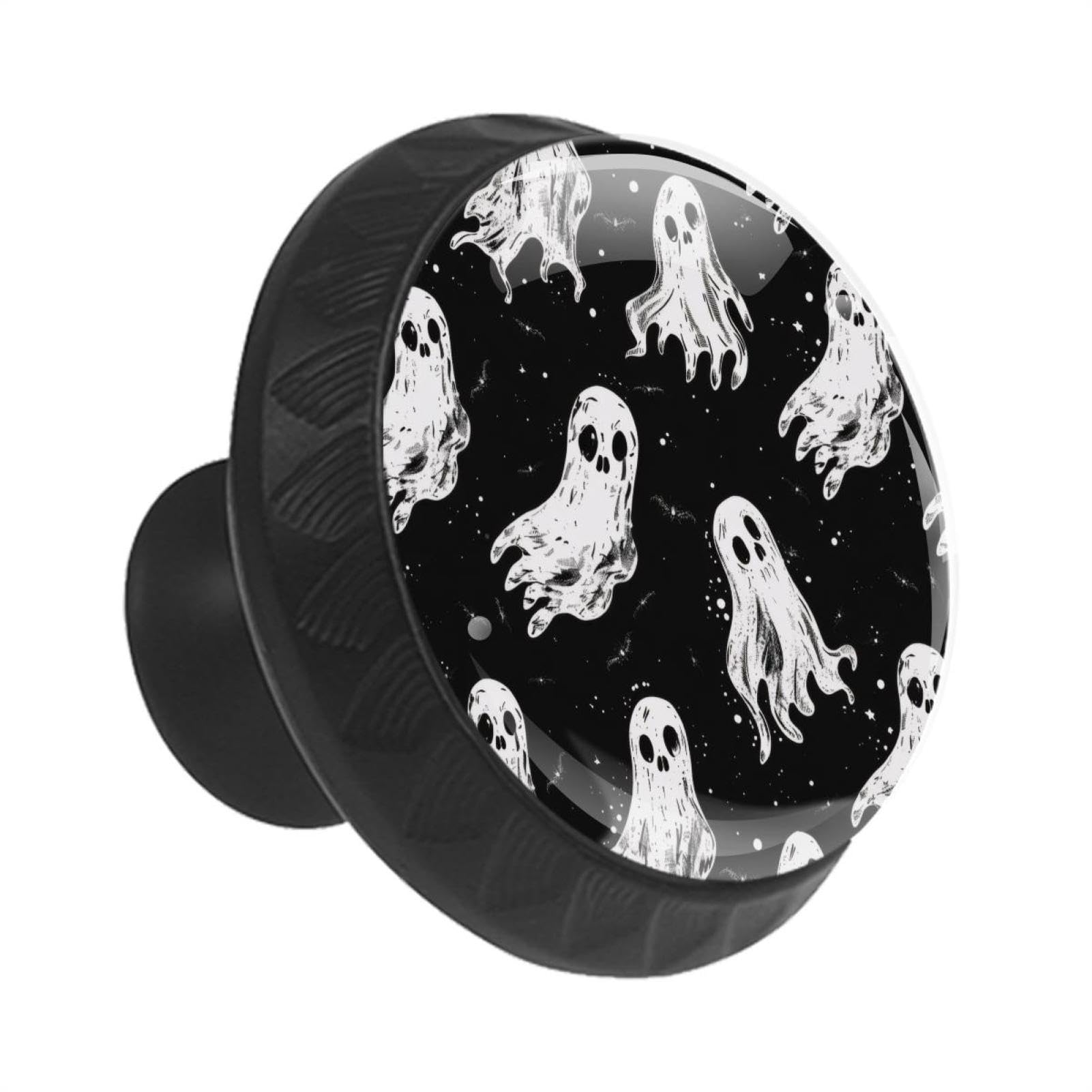 IROLSKDNFH 12 Pieces Halloween Ghost s Spooky Pattern Glass Knobs for Dresser Drawers, 1.37 x 1.10 in Round Kitchen Cabinet Pulls for Home Office Nursery Kids Room