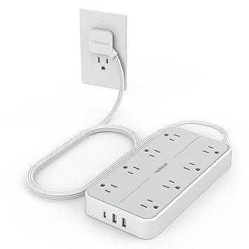 Power Strip Surge Protector, TESSAN 6 FT Flat Plug Extension Cord, 8 AC Outlets and 3 USB Ports, 1875W, 15A, 1080 Joules, Mountable Charging Station with Multi-Protection for Home Office Indoor, Gray