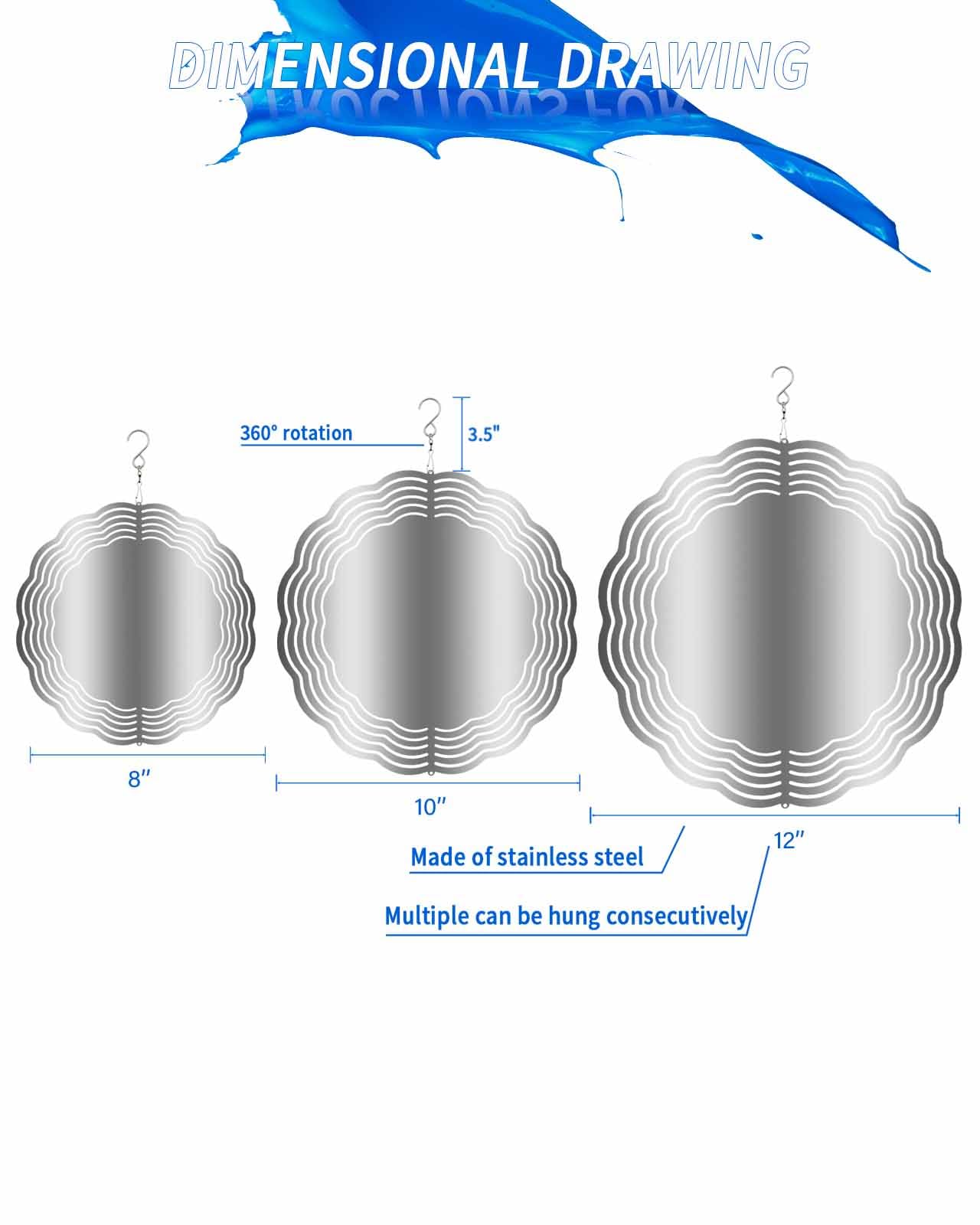 Abstract Wind Spinners, Gradient Dark Gray White Hanging Wind Spinners for Yard and Garden 3D Stainless Steel Metal Sculptures Crafts Ornaments 12 Inch