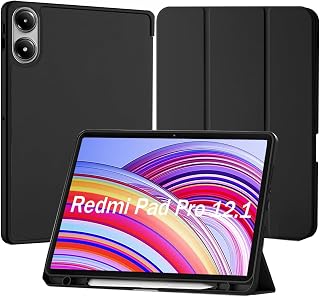 Capa para Xiaomi Redmi Pad Pro 12.1 Polegadas 2024 Capinha com Compartimento para Caneta Stylus Três Dobras Case Traseira em TPU Macio Função de Ativação/Suspensão Automática - Preto