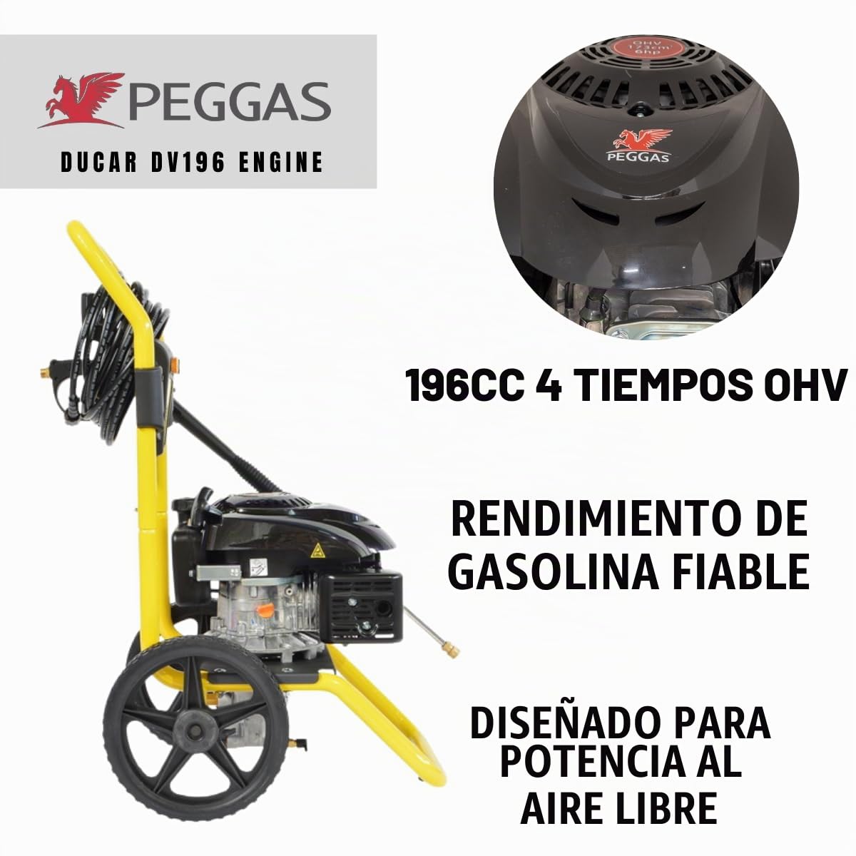 Hidrolimpiadora Gasolina 3100 PSI (213 Bar), Motor Ducar 196cc 4.3HP, Hidrolimpiadora de Alta Presión Portátil para Coches, Patio y Jardín, W3100VA WASPPER