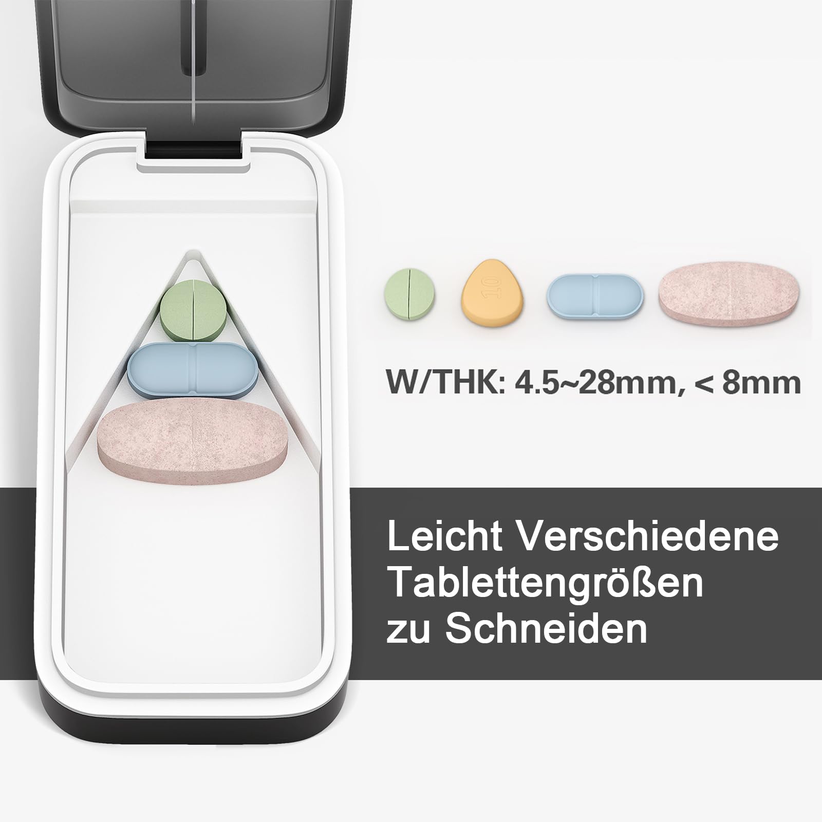 BUG HULL Tablettenteiler mit V-förmigem Abnehmbarer Silikonmatte, Tablettenteiler für Alle Tabletten, Tablettenschneider mit Scharfer Klinge, Pillenschneider Kleine Tabletten_Dunkelgrau