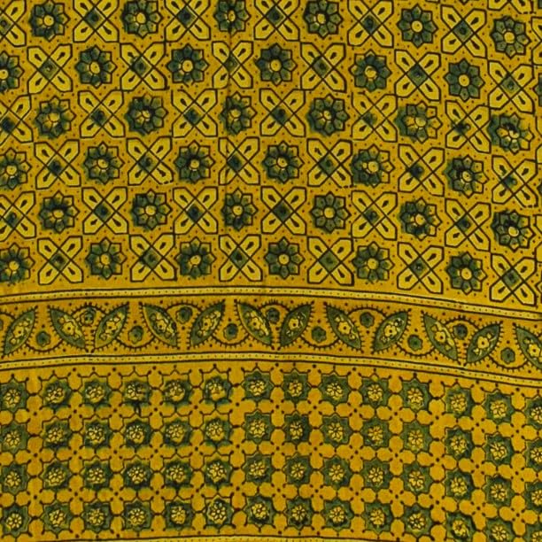 Image of Ethnics of Kutch Womens Ajrakh Modal Silk Natural Dye Golden Border Hand Block Print Saree with Blouse Piece - 5.5 Mtr Length (Yellow 05C01B)