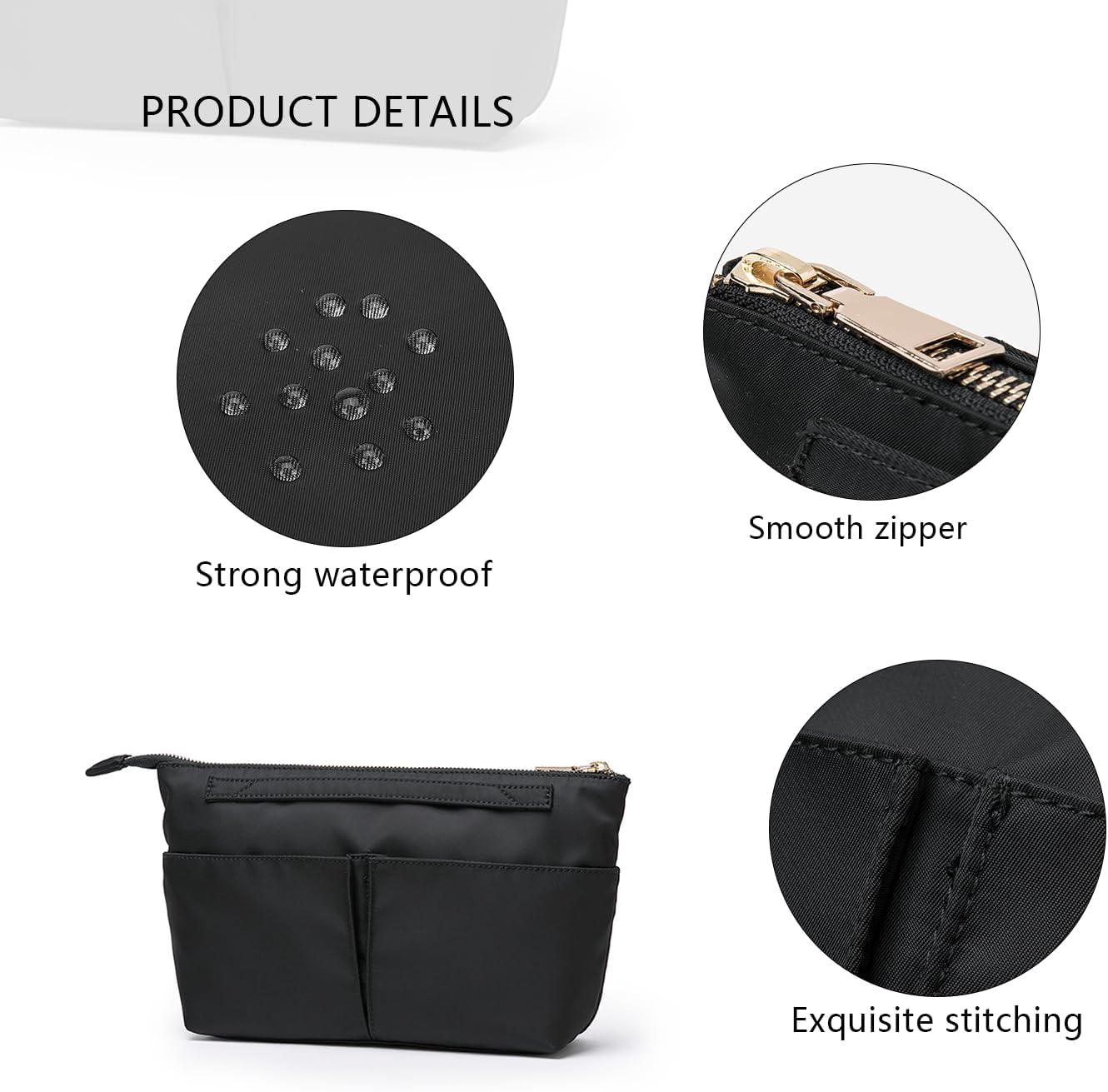 Cosmetic Bag Storage Organizer Insert Lightweight Waterproof Nylon Fabric with Zipper Closure Ideal for Travel Tote Bags（nylon-black） image 4