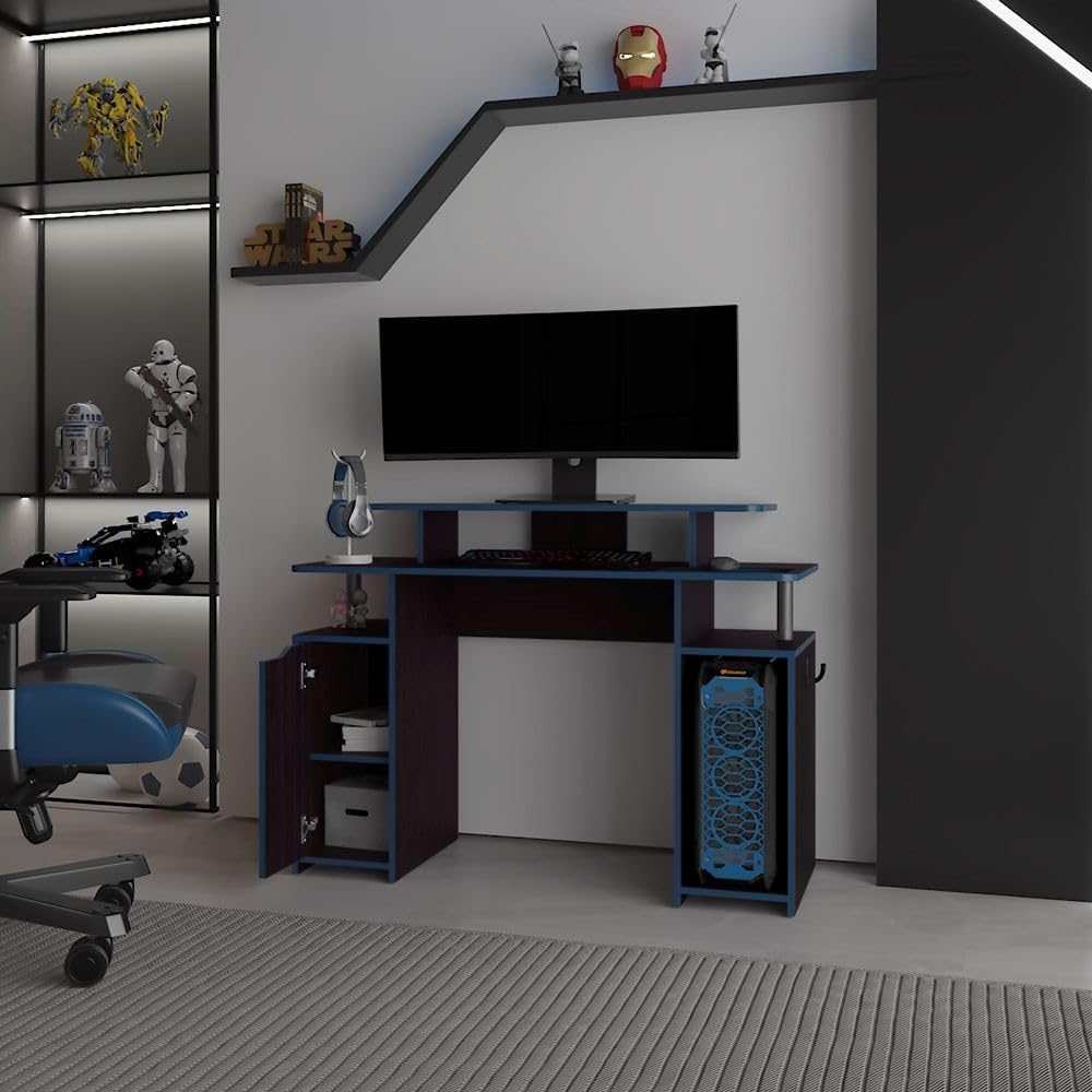 Penau Gaming Computer Desk, Engineered Wood Large Workstation with Monitor Shelf, Closed Cabinet, Open Shelves and CPU Stand, Cable Management, 47.2 x 17.7 x 34.8 Inches, Black