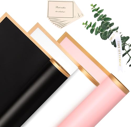 30 piezas de papel de regalo de flores, suministros de ramo de floristería, papel de regalo floral impermeable con cinta y tarjetas, 22.8 x 22.8