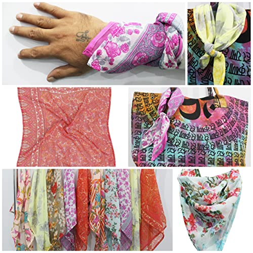 Mango Gifts Indian Silk Sari Square Scarf, Soft Floral Printed Scarves, Lightweight and Breathable, Multipurpose Perfect for Headbands Set of 10 Pieces Mix Colurs and Style 20" x 20" Inches2