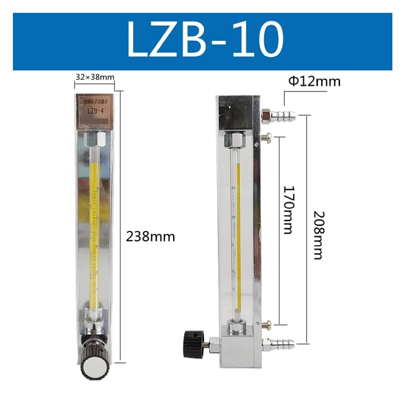 Medidor de flujo de líquido industrial, rotámetro de vidrio LZB-10 Medidor de flujo de área variable Medidor de flujo flotante con válvula de control(6-60L-H)