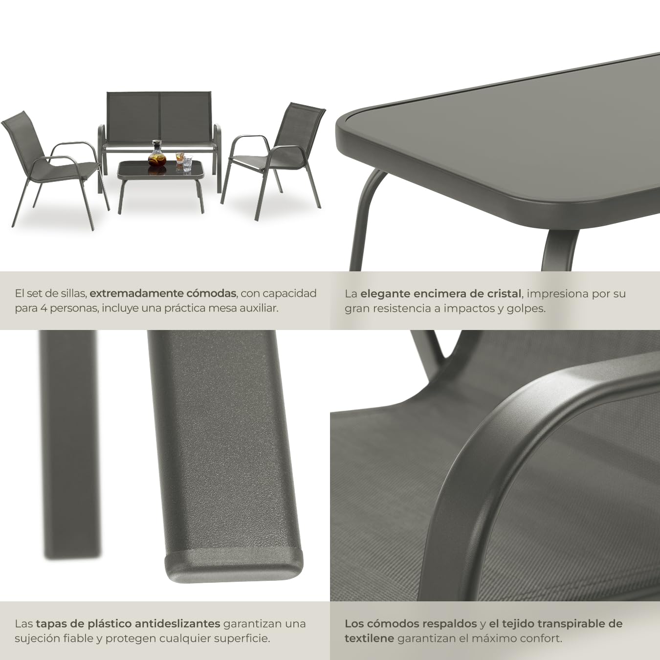 tectake® Conjunto Jardin Exterior para 4 Personas, Muebles Jardin Exterior con Estructura de Acero, Mesa con Vidrio de Seguridad, Muebles Terraza y Sofa Terraza - Antracita