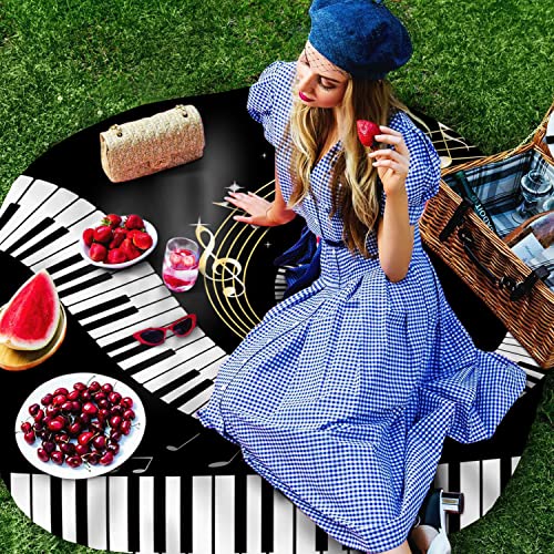 Warm Tour Black White Piano Keys Gold Notes Kitchen Table Cloth Waterproof Round Tablecloths,Music Instrumental Stave Swirl Spillproof Tablecover For Dining Room/Outdoor Parties/Bbq/Banquet #TOP2