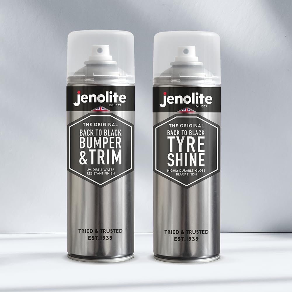 JENOLITE Back to Black Lot de 2 aérosols | Pare-chocs et garnitures + brillance des pneus | Restaure et protège les pare-chocs, garnitures et pneus décolorés | 2 x 500 ml