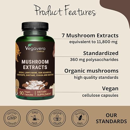 Miniatura 4 de Vegavero Suplemento orgánico de hongos  11,800 mg  Melena de león, Reishi, Cordyceps  Nootrópico + apoyo inmunológico natural  90 cápsulas