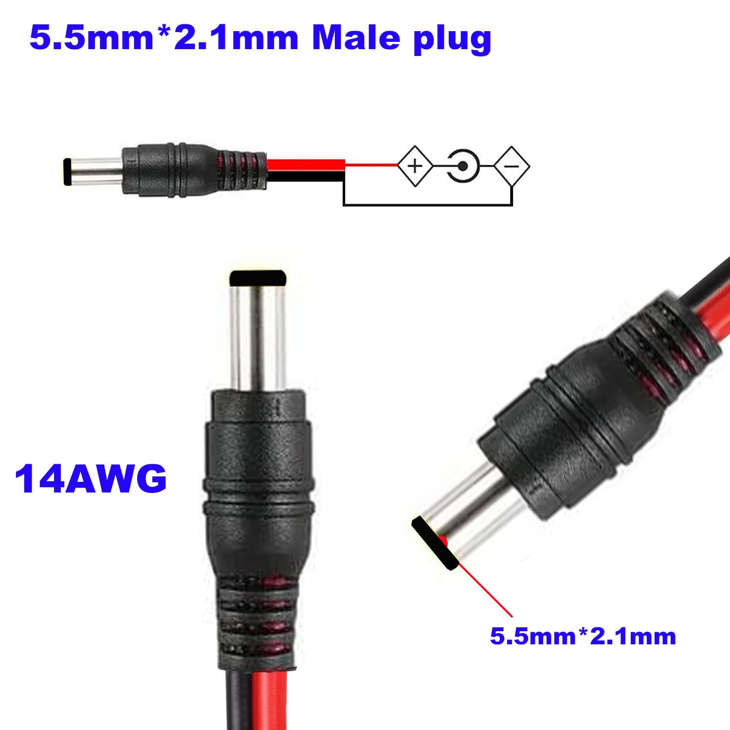 RUNCCI-YUN 2 szt. 14 AWG, 5,5 x 2,1 mm DC Zasilacz Pigtail, złącze zasilania 12 V 10 A DC do monitorowania wideo CCTV Kabel LED Strip Złącze DC (1 m)