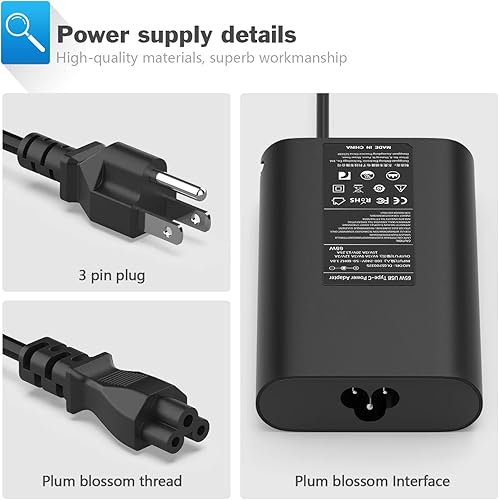 Miniatura 4 de Cargador USB C de 65 W para laptop compatible con Dell Chromebook 3100 3300 3380 3400 3500 5190 5300 5400 7200 7300 tipo C cable de fuente de
