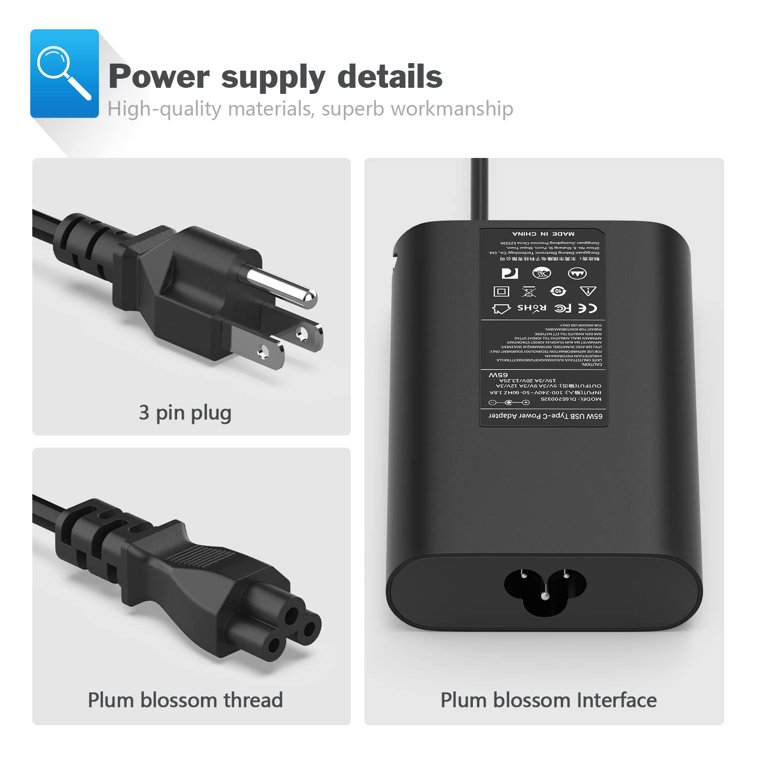 Cargador USB tipo C de 65 W para Dell LA65NM170 2YKOF, XPS 12 13, Latitude 12 7275 13 7370, Lenovo Thinkpad x1 Tablet, Asus, ZenBook, MacBook Pro, portátil con carga USB C