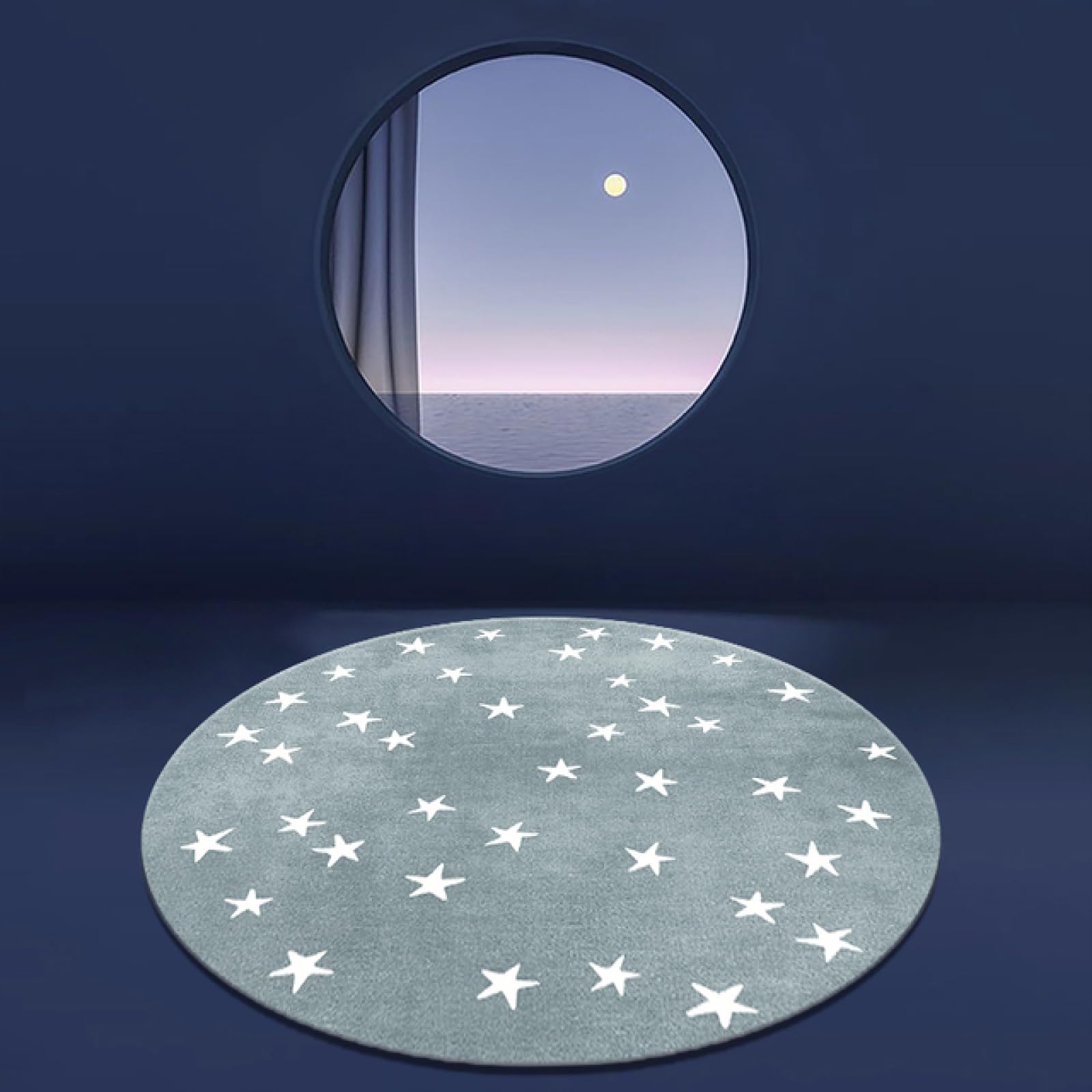 Tappeto Rotondo Per Cameretta Bambini Carpet City 120 Cm - Motivo Luna E Stelle, Grigio Crema, Pelo Morbido