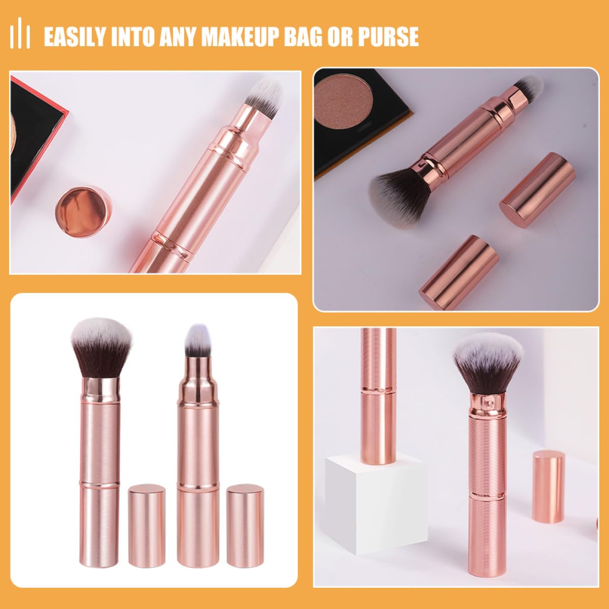 Set 2 Pennelli da Trucco Retrattili per Viaggio, Doppia Punta con Cappuccio, Fibre Sintetiche Morbide, per Fondotinta e Fard, Tocco Confortevole e Multiuso