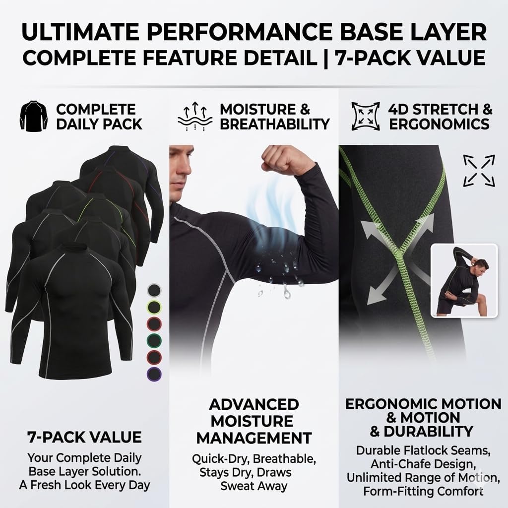7 Pack Men's Long Sleeve Compression Shirt Mock Neck, Athletic Workout Gym Undershirt Running Base Layer Top