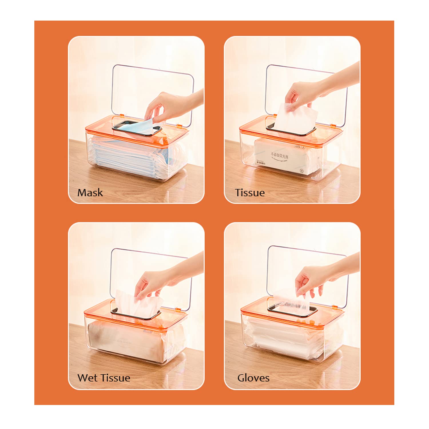 OopsMi Face Mask Dispenser Box Holder Storage Box. High Clarity Mask Case with Cover for Storing and Dispensing Personal Face Masks (Orange): Industrial & Scientific