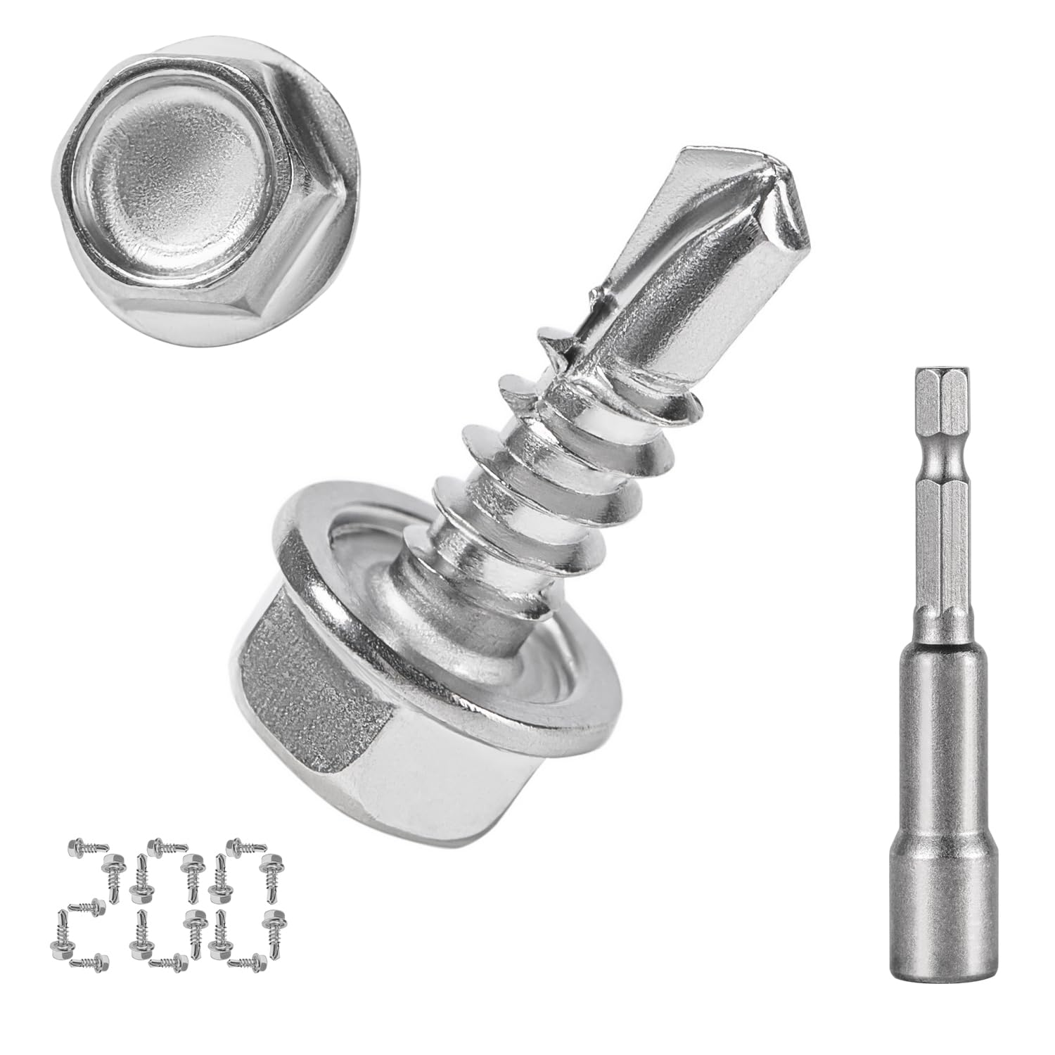QSJ 300PCS #8 x 1/2'' Sheet Metal Screws 410 Stainless Steel Hex Washer Head Fast Self Tapping Screws with Screwdriver Bit Silver