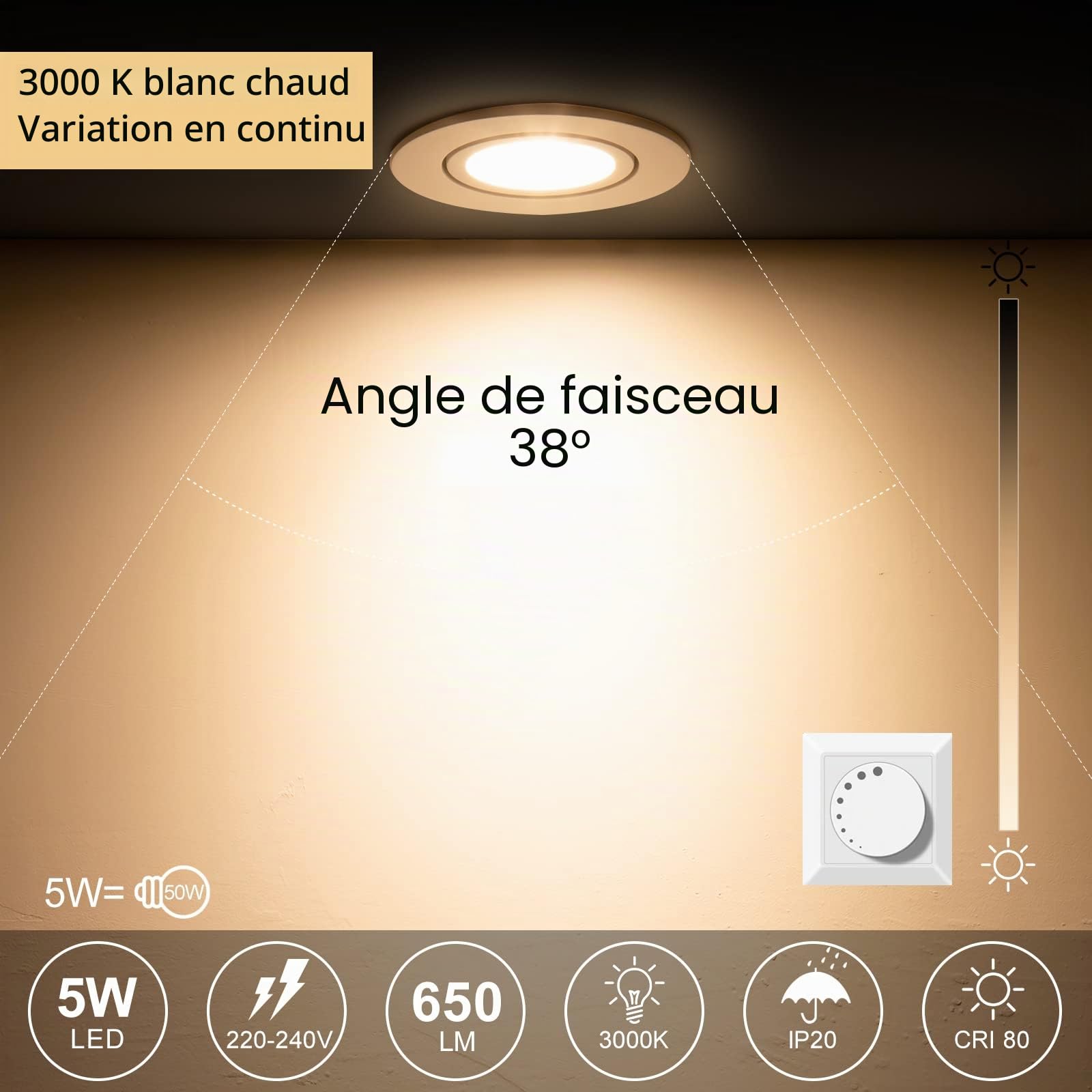 Spots Encastrables Dimmables, Orientables 3000K 5W 650LM 230V, LED Extra Plats Blanc Chaud Ronds pour Salle de Bain, Chambre, Salon, Bureau, Lot de 6