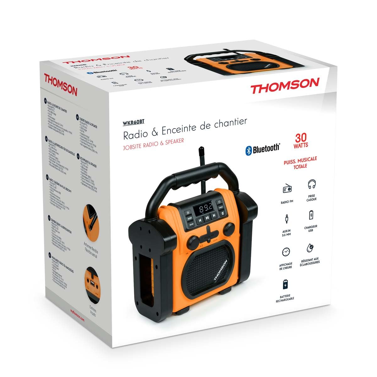 Thomson WKR60BT - Radio de Obra con Bluetooth, Radio FM PLL, AUX-IN, Toma Auricular, USB Reproductor, 30W Musicales, IPX54, alimentación 230V Cable ó 4 Pilas LR14 (no Incluidas)