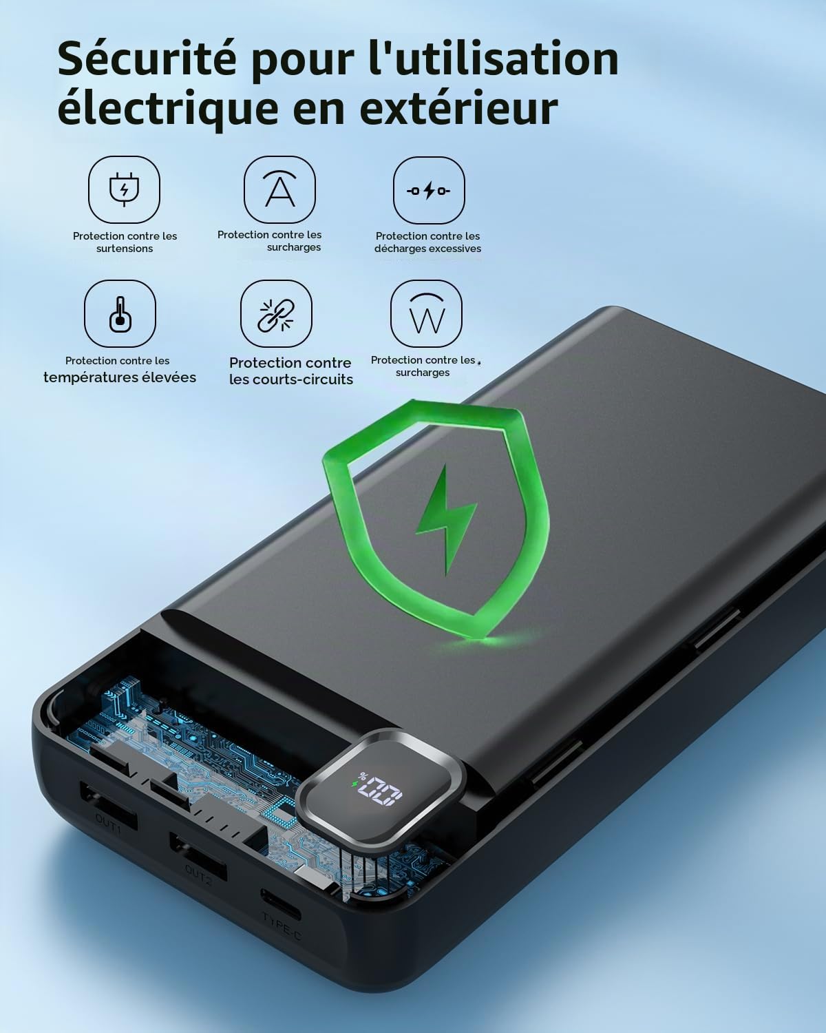 Batterie externe 50 000 mAh - Charge rapide PD 30 W - Avec 3 câbles intégrés, 5 sorties et 2 entrées - Affichage LED - Chargement portable pour iPhone, etc