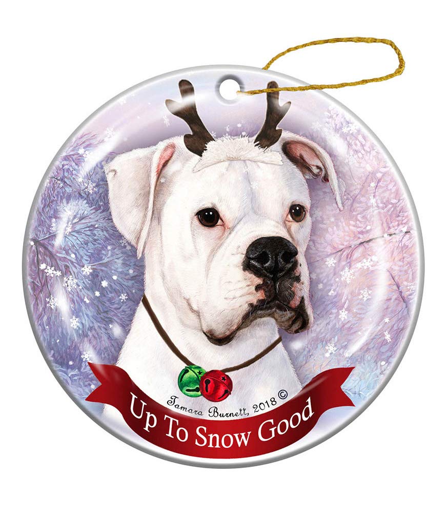 501 White Christmas Tree Ornaments Ceramic Christmas Decorations,Xmas Tree Hanging Christmas Baubles Keepsake Memorial Boxer Uncropped Reindeer Dog