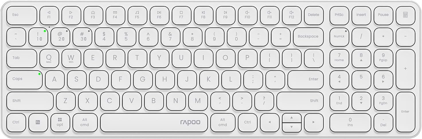 RapooE9310M Wireless Keyboard for Mac/iPad/PC, Multi-Device Bluetooth Keyboard with Number Pad, Low-Profile, Quiet Typing, 99-Key, Battery Powered, Support 4 Devices for Windows, Linux, Chrome, Mac