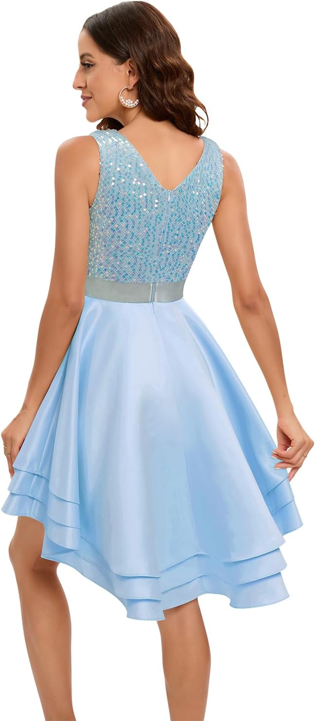 Meetjen Women's Short Prom Dresses for Teens Formal Sequin High Low Satin Bridesmaid Cocktail Party Homecoming Dress