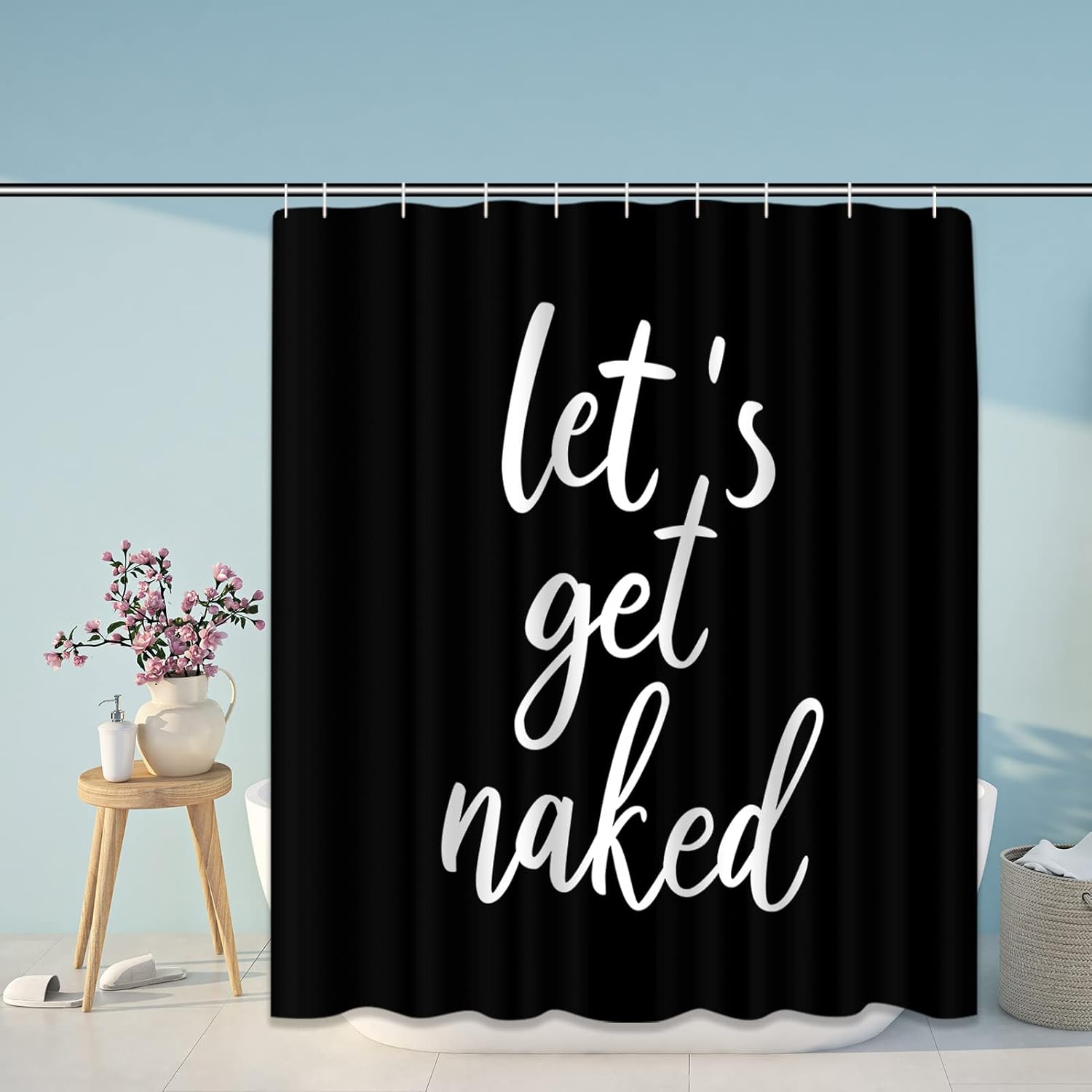 ArtSocket 4PC Shower Curtain Set with Rugs, Let's Get Naked Bathroom Set with Non-Slip Rug, Toilet Lid Cover, Bath Mat and 12 Hooks 72x72 inches
