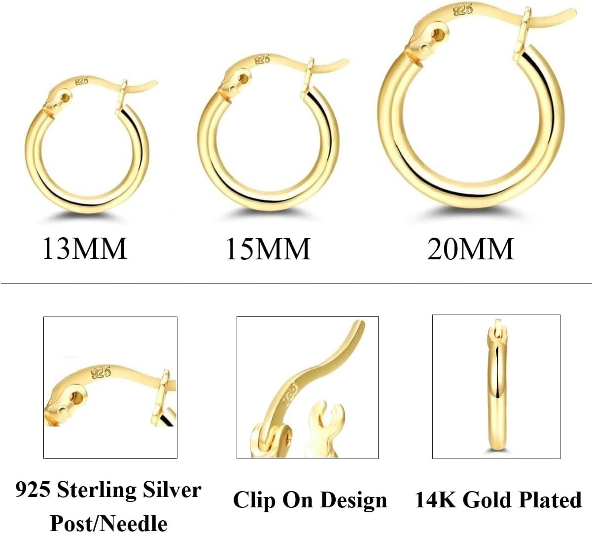 14K Gold Plated Hoop Earrings for Women, 4 Pairs Sterling Silver Post Small Hoops, Gold Huggie Earrings Set for Women Men (13mm 15mm 20mm 25mm) - Image 5